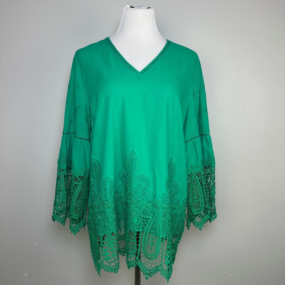 Chico's Green Cotton Crochet Lace Boho V-Neck Bell Sleeve Tunic Top Size 2 L